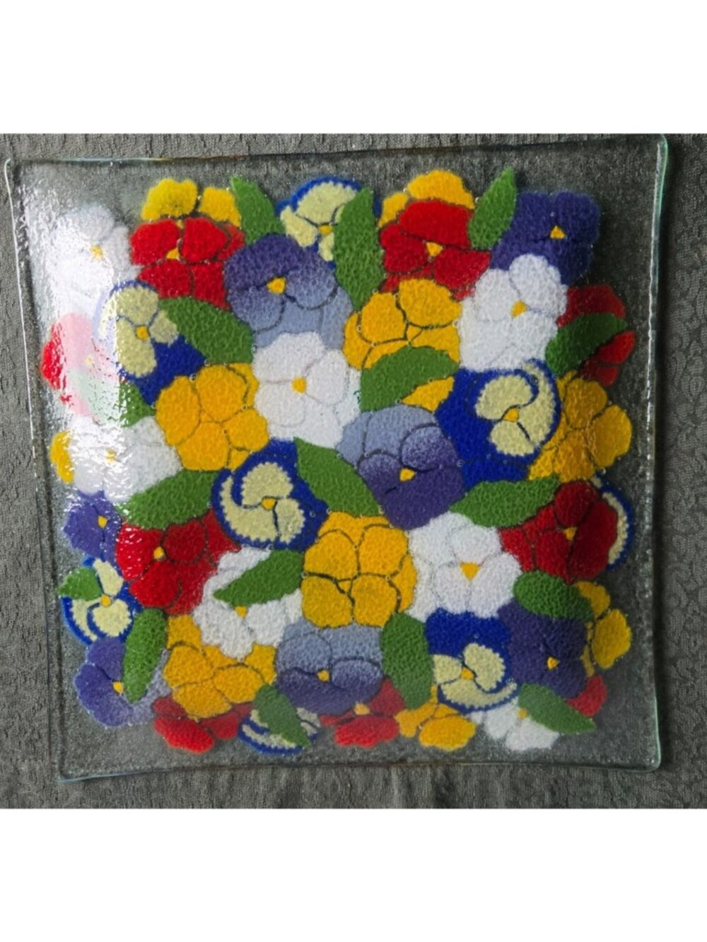 Peggy Karr Pansies Platter/Plate 9.5-inch Fused Glass Serving Dish Vintage - Picture 3 of 10